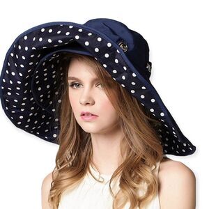 Navy Blue Polka Dots Portable Wide Brim 2 in 1 Bucket Hats Sun Hat NEW